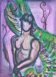 merman, original, art card, abstract, green,purple