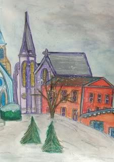 snow, abstract, buildings, original, watercolor