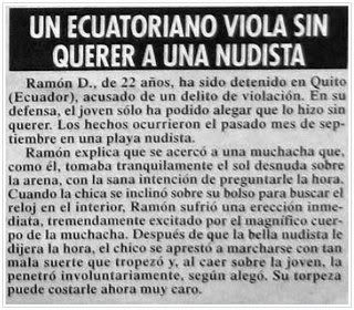 un ecuatoriano viola sin querer a una nudista