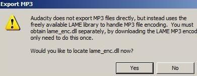 Audacity Export to MP3 Warning Dialog